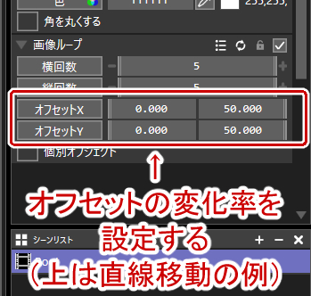 オフセットXYの変化率を設定してスクロールさせる例